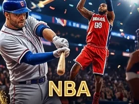 A batter swinging and a player going up for a basket