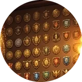 A wall of enamel badges