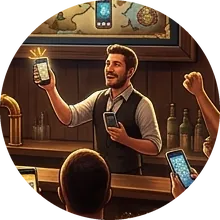 A barkeep behind the taps holding a phone