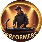 A performer at a keyboard behind a microphone
